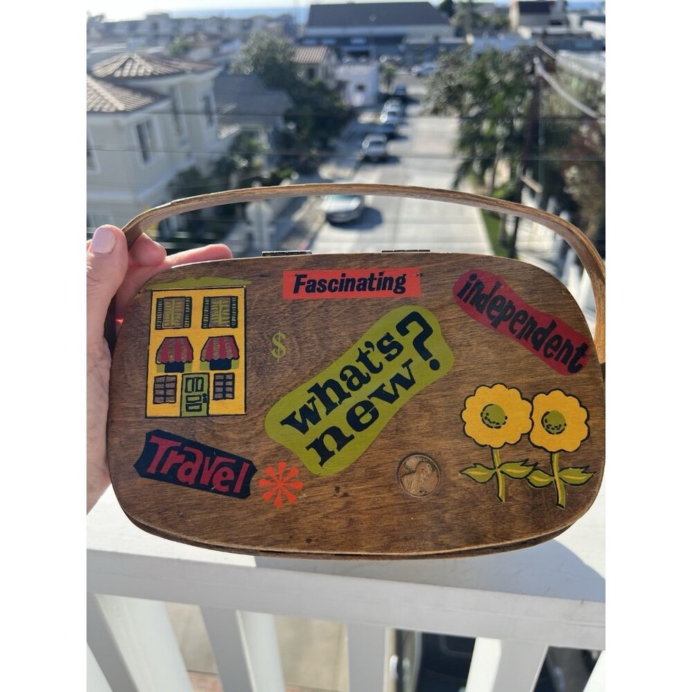 Vintage 80s 1982 Caro-Nan wooden handpainted basket purse California boho hippie - Picture 3 of 16